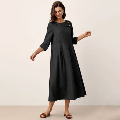 【S-3XL】Vestido Maxi de 100% Lino con Cuello Medialuna y Botones Decorativos