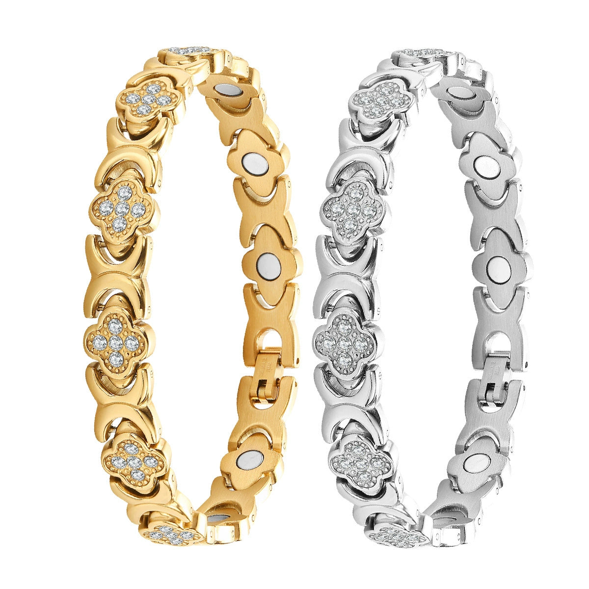 Pulsera magnética de diamantes y trébol: descubre tu secreto para aliviar el estrés y mejorar tu bienestar magnético.