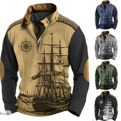 【S-5XL】Nová módna pánska mikina s dlhým rukávom, etnickou potlačou a zipsom na polovicu