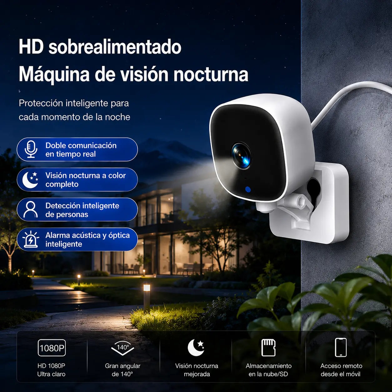 Cámara de alta definición con sistema de monitoreo inteligente del hogar mediante WiFi inalámbrico remoto, visión nocturna infrarroja, intercomunicador bidireccional y cámara de alta definición.