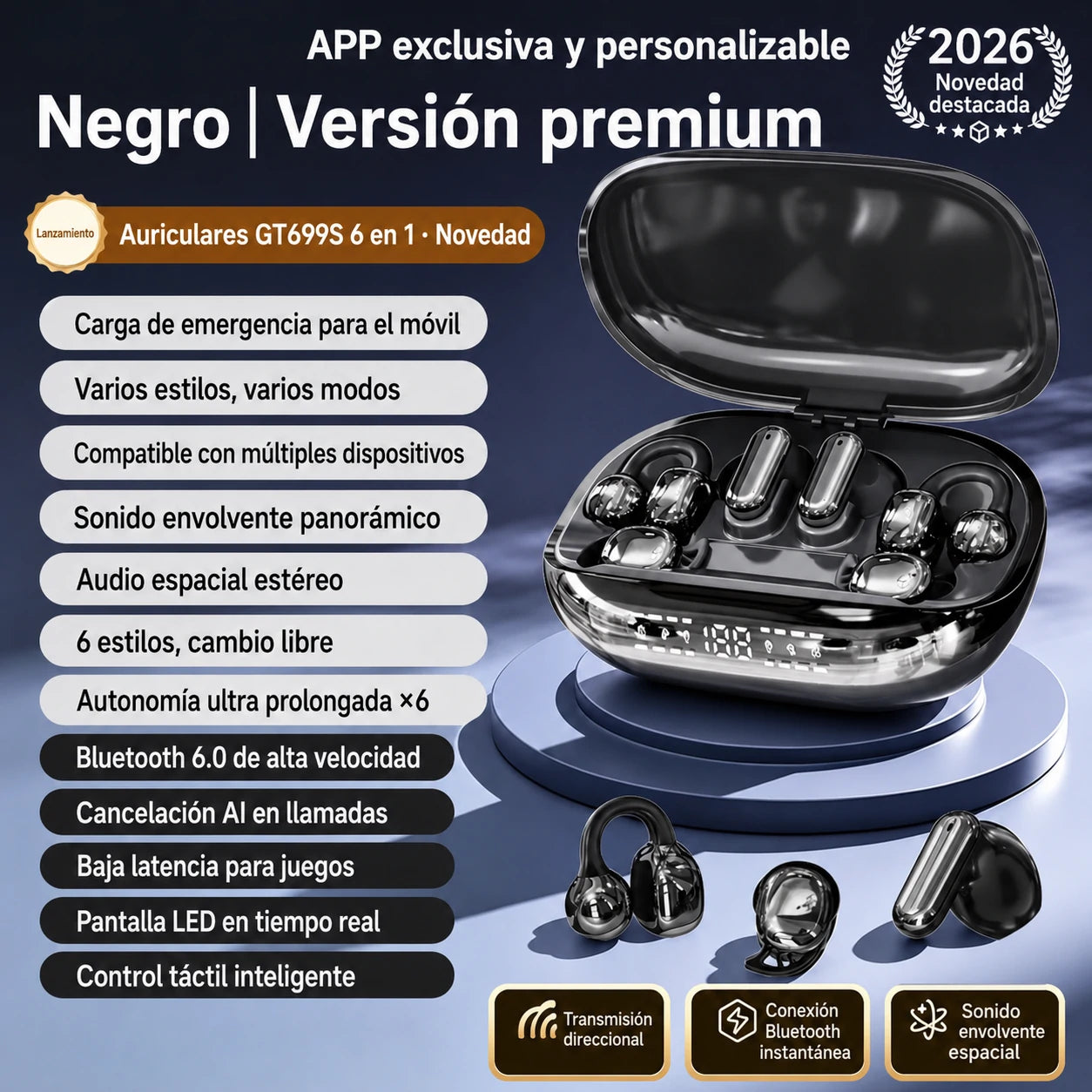 Auriculares inalámbricos GT699S 6 en 1 con múltiples estilos y estuche de emergencia ✨