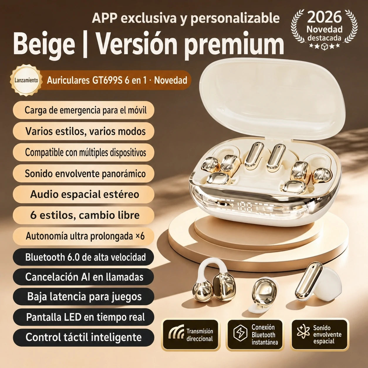 Auriculares inalámbricos GT699S 6 en 1 con múltiples estilos y estuche de emergencia ✨