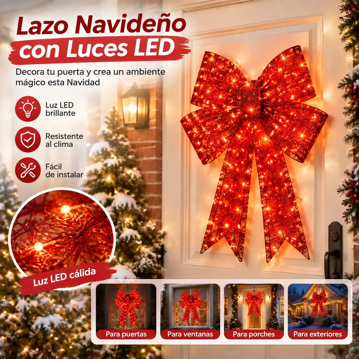 📢📢 ¡Oferta a mitad de precio! ✨【61cm*43cm*6cm】Lazo navideño extragrande para exteriores, impermeable, con luz incorporada