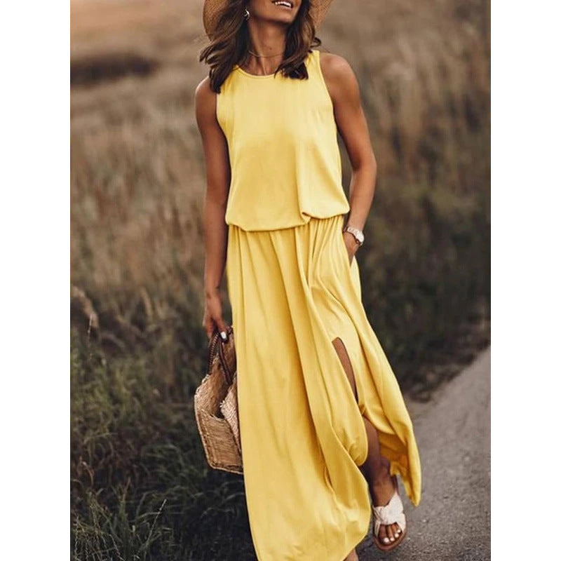 👗【S-4XL】Nuevo vestido de verano liso sin mangas con bajo asimétrico y abertura.✨