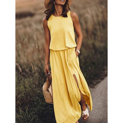 👗【S-4XL】Nuevo vestido de verano liso sin mangas con bajo asimétrico y abertura.✨