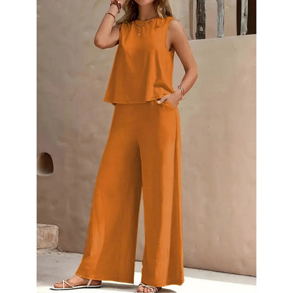 📢 ¡40% de descuento! 💖 Conjunto de 2 piezas: Camiseta y pantalón de seda helada — Diseño sin mangas