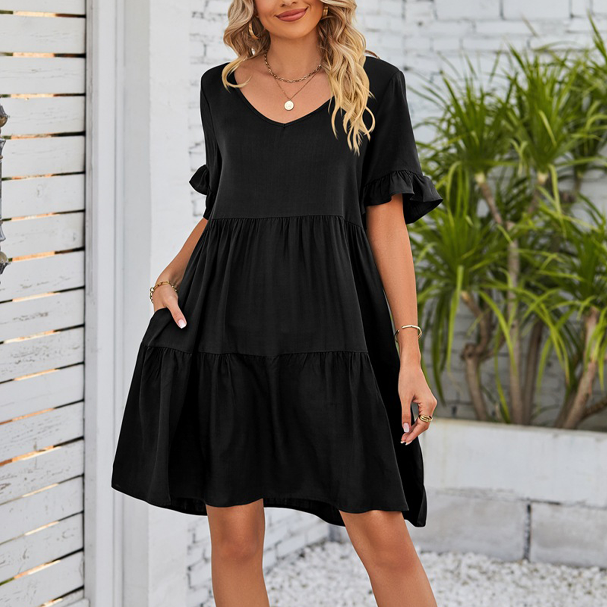 💕2026 Novedades de verano👗【S-3XL】Vestido informal de tres capas con escote en V y pliegues.