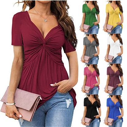 💕【-45% OFF】💕Novo po posebnoj cijeni!Camisa elegante informal de manga corta con cuello en V y nudo.