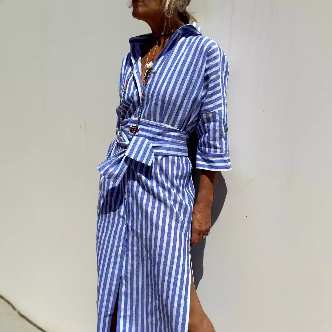 【S-2XL】Vestido Camisero Midi de Rayas：Elegancia Francesa y Frescura para
