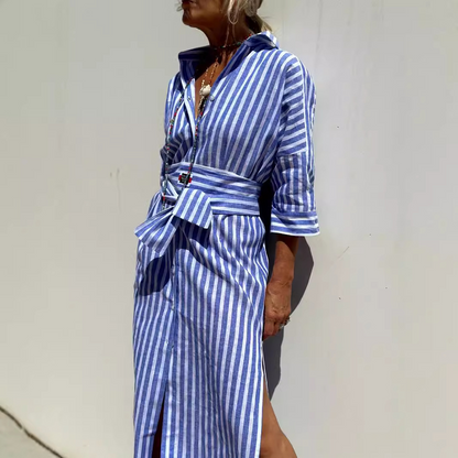 【S-2XL】Vestido Camisero Midi de Rayas：Elegancia Francesa y Frescura para