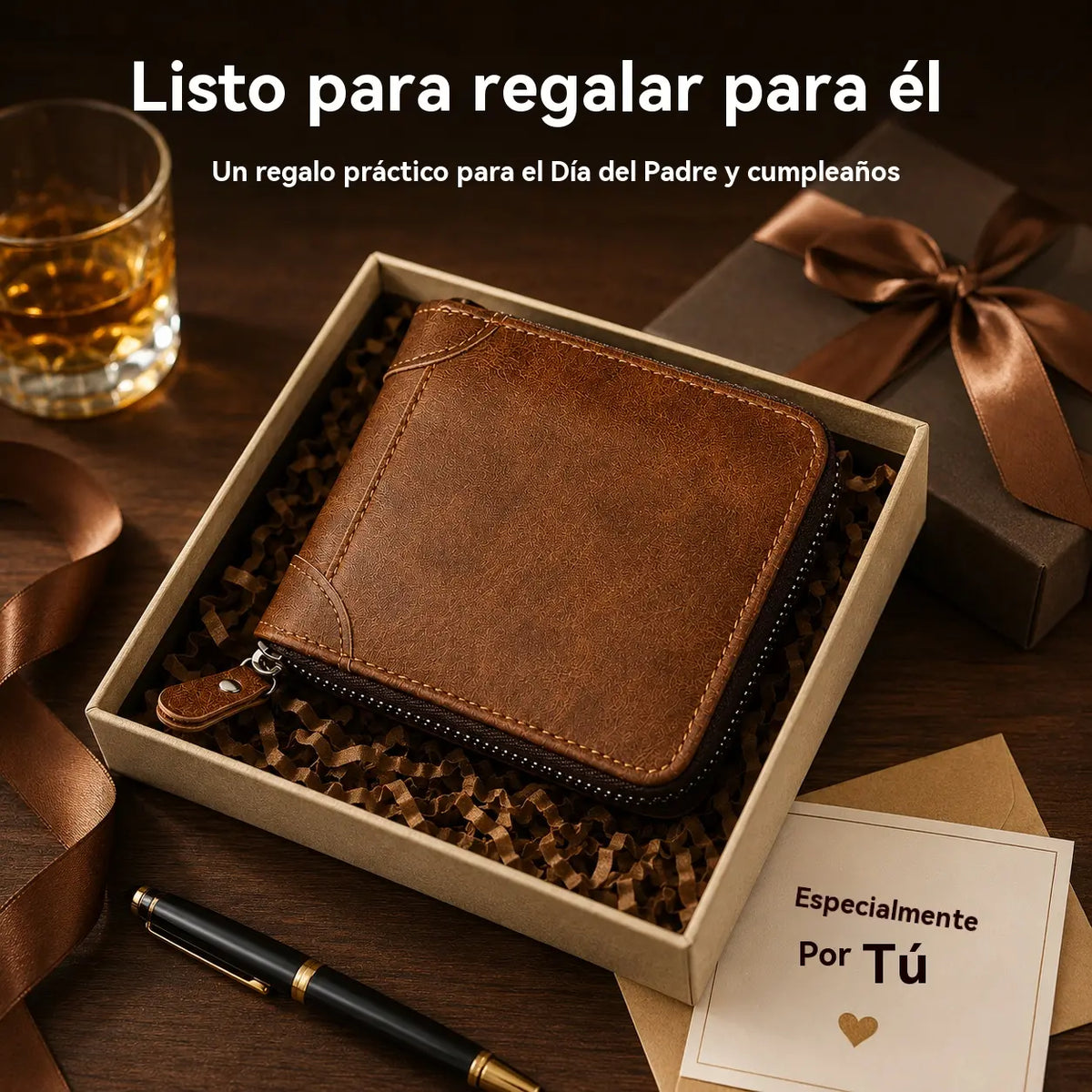 ✨🎁Cartera retro para hombre de piel sintética con cremallera, tarjetero/monedero plegable.