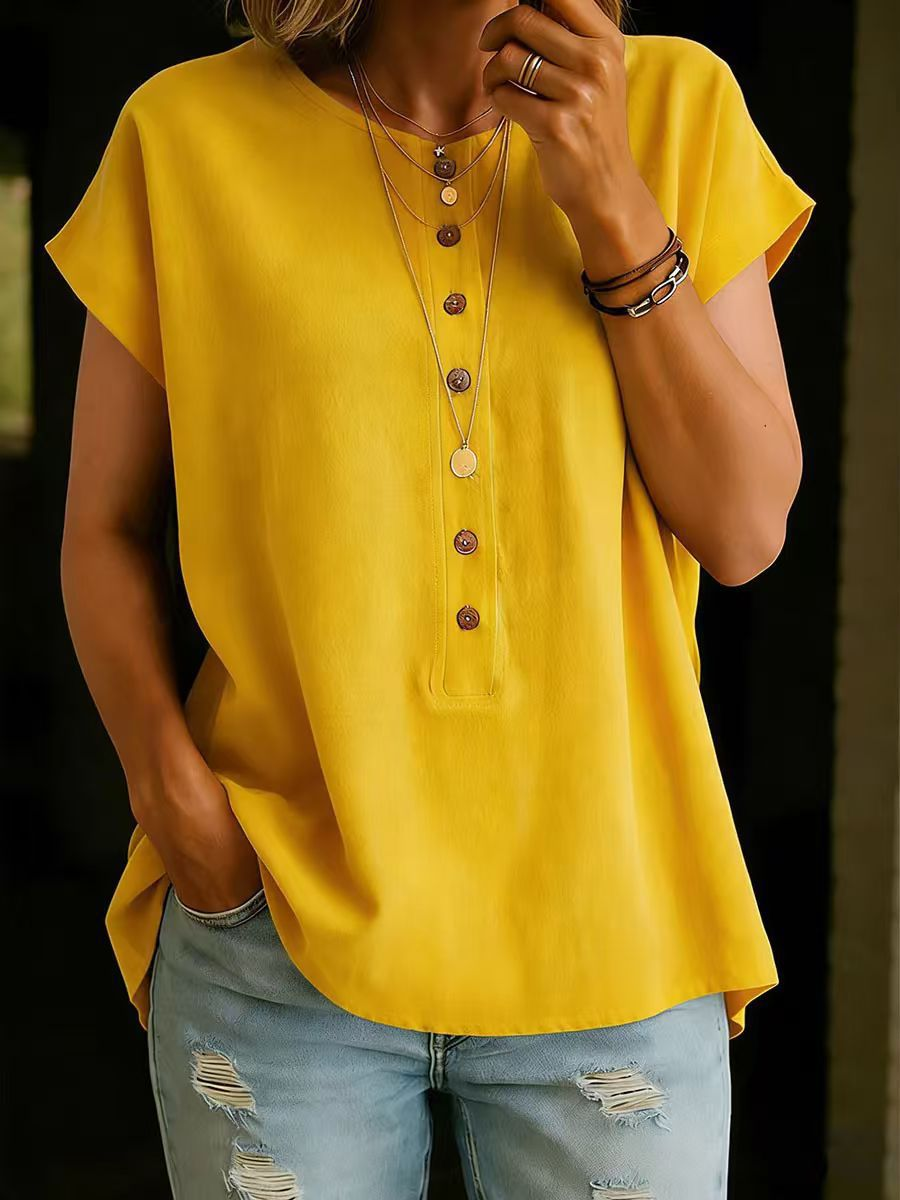 【S-2XL】Camiseta versátil de mujer de manga corta con cuello redondo y botones, color liso.