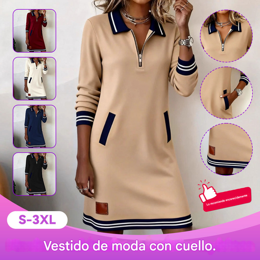 🔥🔥【40-100kg】Nuevo vestido casual de invierno con cremallera, cuello, manga larga y bolsillo en bloque de color