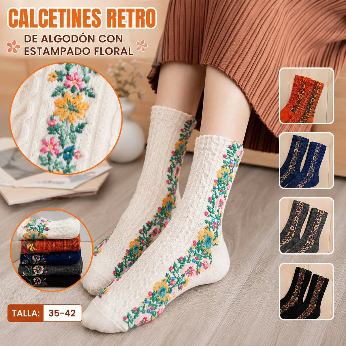 🌸10 pares🌸Calcetines largos retorcidos con estampado floral retro de algodón nuevos para otoño e invierno