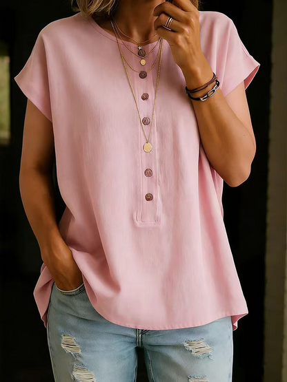 【S-2XL】Camiseta versátil de mujer de manga corta con cuello redondo y botones, color liso.
