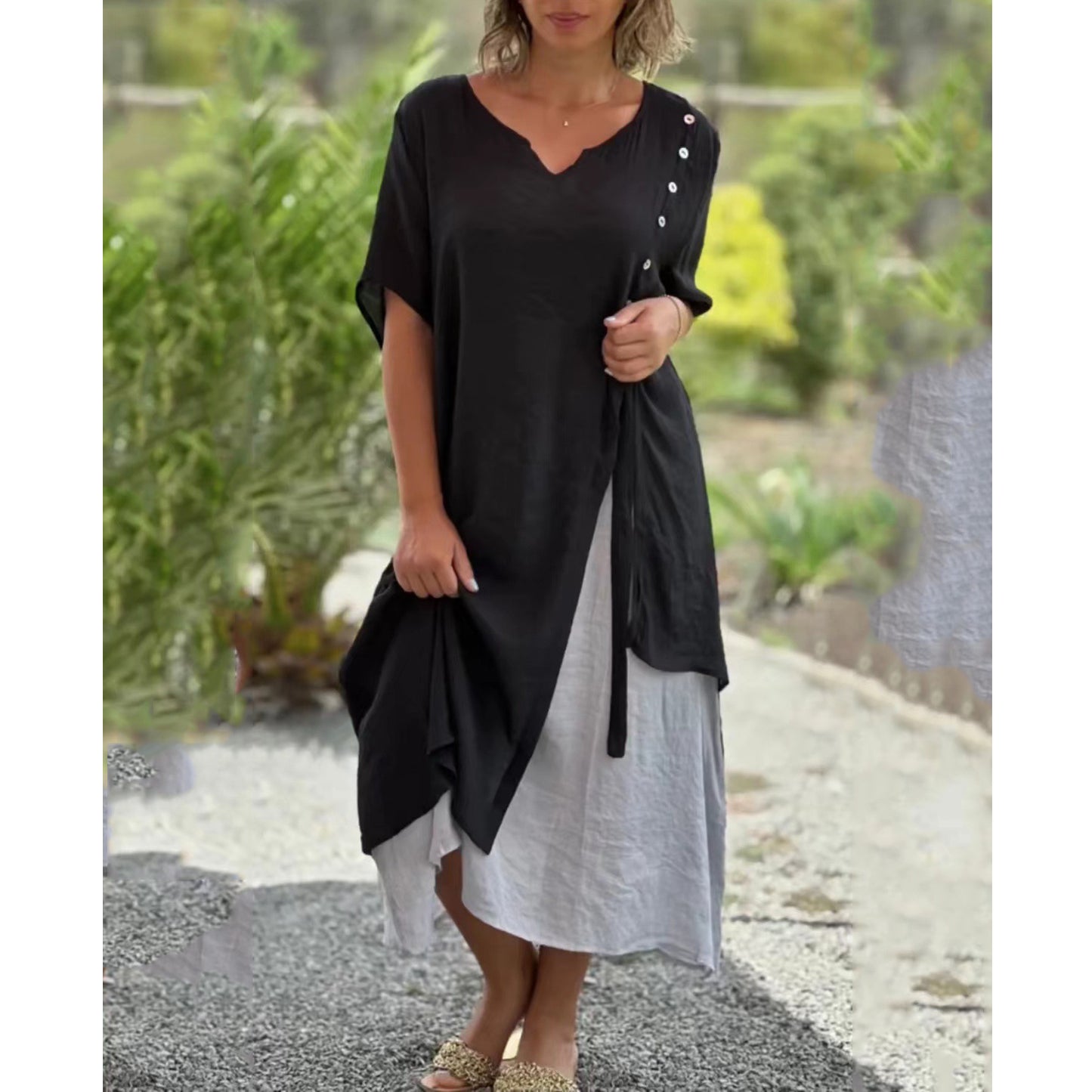 💐💐【S-4XL】Vestido de algodón de dos piezas irregular con cuello en V, vestido largo