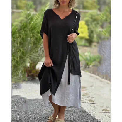 💐💐【S-4XL】Vestido de algodón de dos piezas irregular con cuello en V, vestido largo