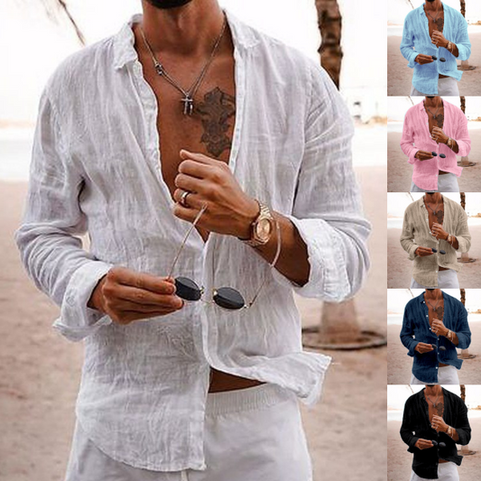 Camisa de hombre de algodón y lino con cuello doblado.
