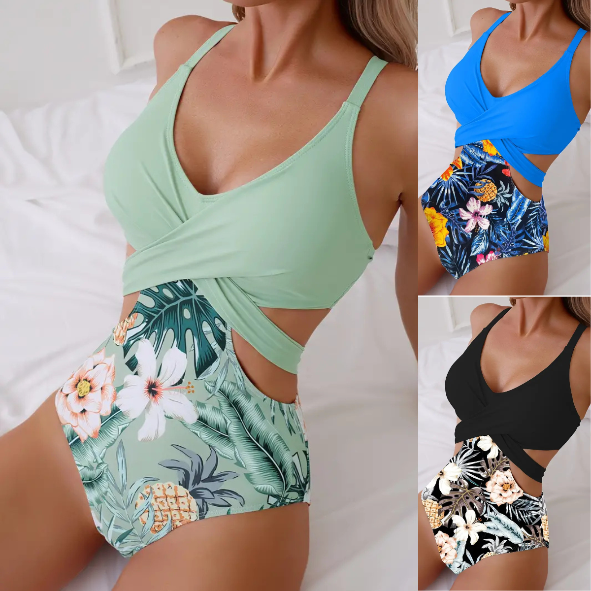 👙🌵【S–XL】Bikini dintr-o singură piesă pentru femei cu forme pline, model hawaian, cu decupaje, legături și elemente încrucișate 