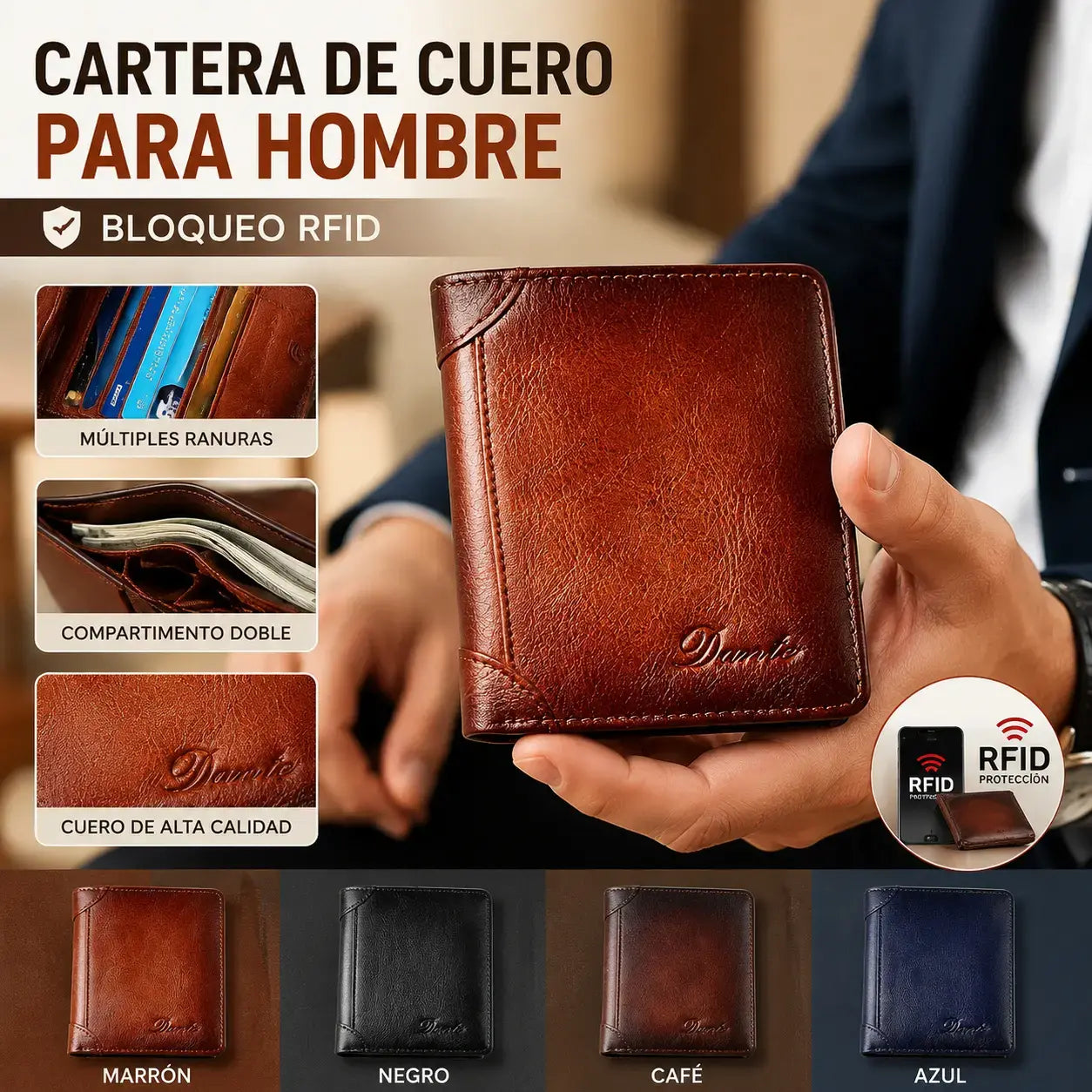 ✨ Cartera de cuero genuino para hombre con protección RFID, compacta y elegante
