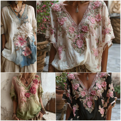 💕 Blusa elegante con cuello en V profundo y estampado floral 【Oferta limitada: compra uno y llévate otro gratis】 Tallas S-4XL