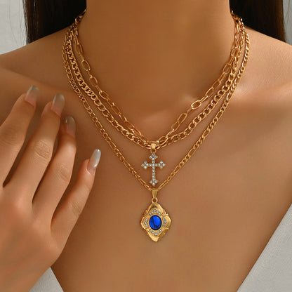 【Compra 1, llévate 1 gratis】【Conjunto de collar dorado de moda con detalles de lujo】Collar de piedras preciosas azules cuadradas Nuevo nicho