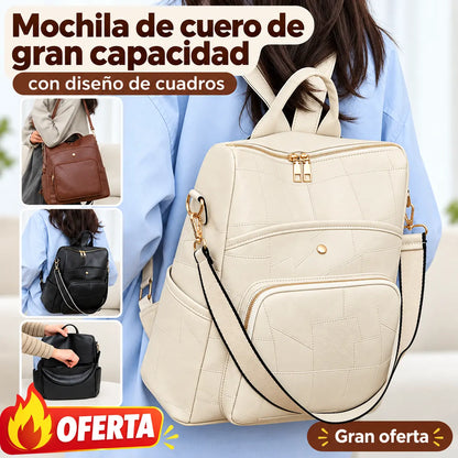 👛🌟Mochila de piel de gran capacidad, diseño a cuadros