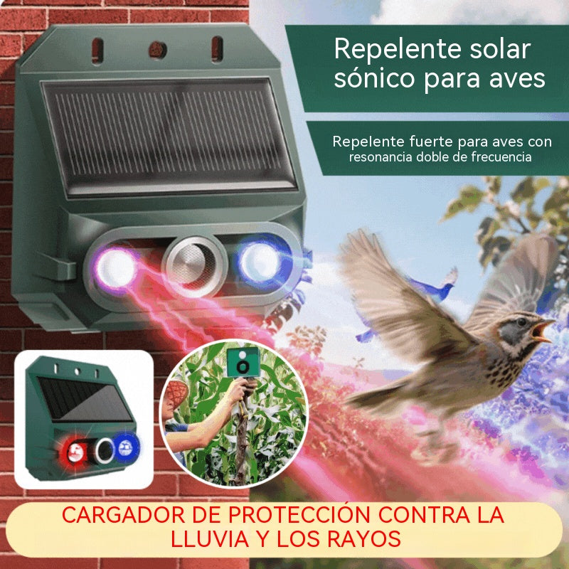 Repelente solar ultrasónico para animales, ideal para exteriores, con luz infrarroja intermitente y LED rojo y azul.