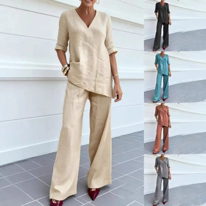 ❤️50% de descuento💥【40-100 kg】Conjunto 2026: Top de algodón y lino de color liso, manga media y cuello en V + Pantalones rectos casuales ✅️Pago contra entrega ✅️2 prendas con 70% de descuento