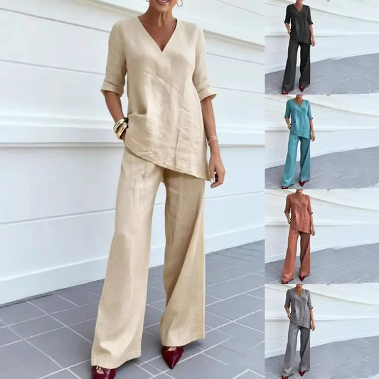 ❤️50% de descuento💥【40-100 kg】Conjunto 2026: Top de algodón y lino de color liso, manga media y cuello en V + Pantalones rectos casuales ✅️Pago contra entrega ✅️2 prendas con 70% de descuento