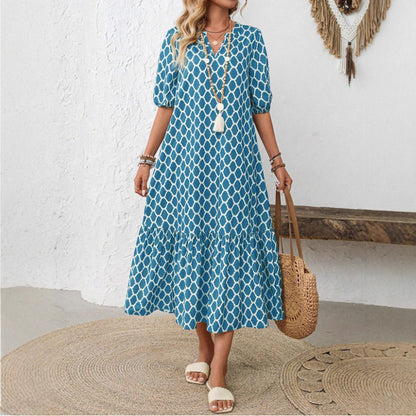 【50% de descuento】【Tallas S-2XL】🌺🌺 Vestido moderno y elegante con estampado geométrico y escote en V.