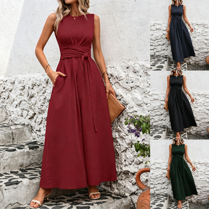 💋【S-3XL】Vestido casual elegante de color liso, cuello redondo, sin mangas, que ciñe la cintura