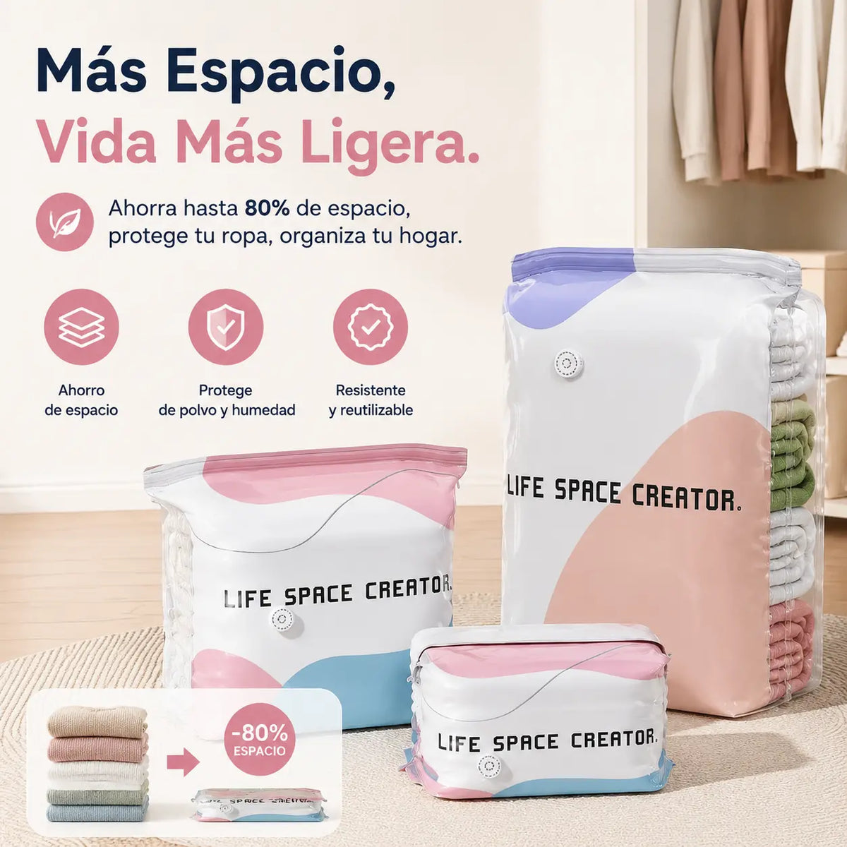 🧳【Juego de 5 piezas 29 euros】💨 Bolsa de almacenamiento al vacío grande y compresible: no requiere bomba, es a prueba de fugas e ideal para ahorrar espacio en maletas y en casa ✈️