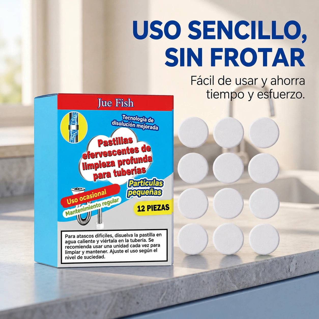 🥳 3 cajas por 28 € 💞 Potentes pastillas efervescentes para desatascar y limpiar tuberías. Eliminan grasa, cabello, malos olores y bacterias. Aptas para fregaderos, inodoros y desagües.