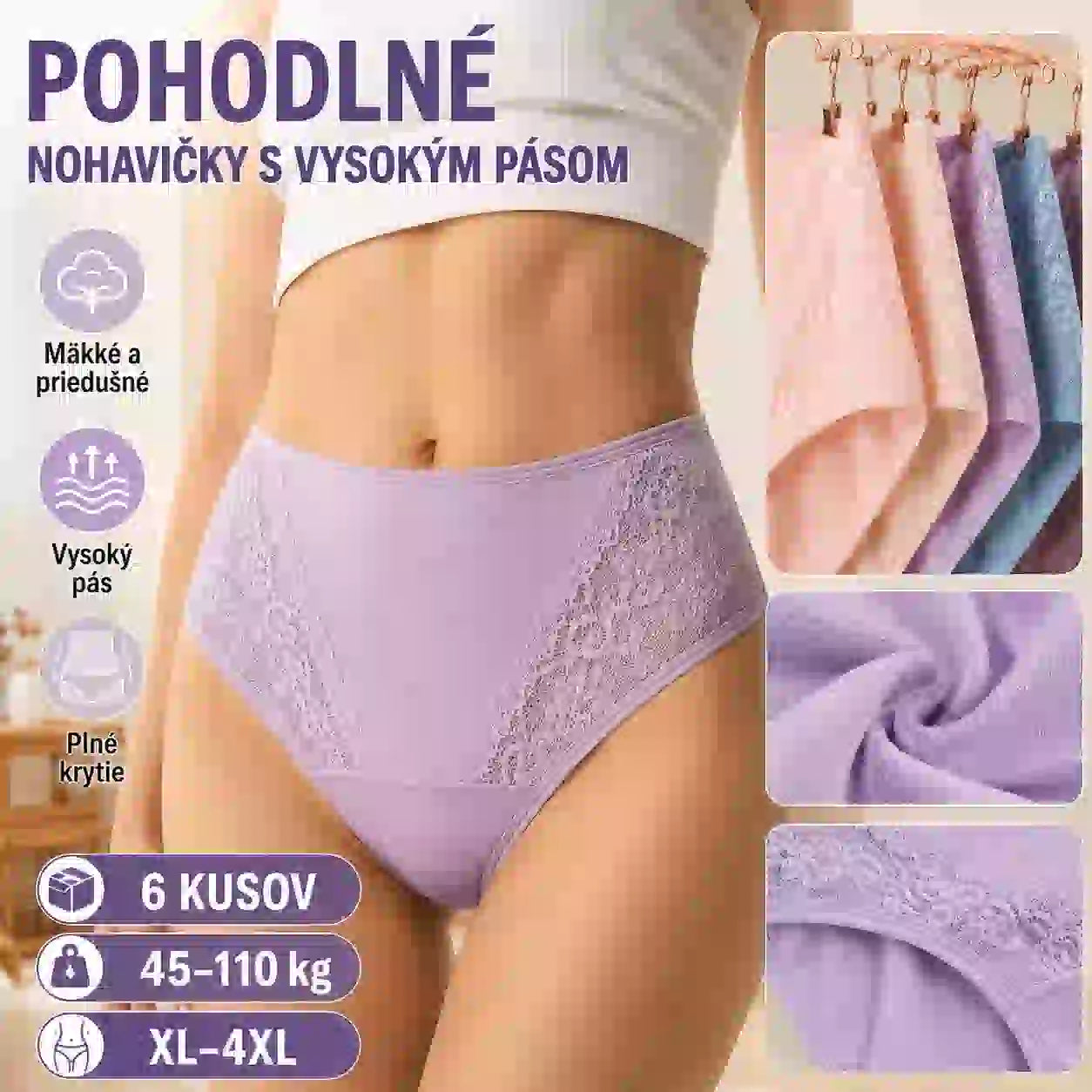 【6 kusov】【XL-4XL】Antibakteriálne nohavičky s vysokým pásom na kontrolu bruška 【45-110 kg】