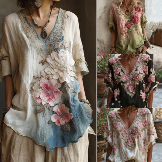 💕 Blusa elegante con cuello en V profundo y estampado floral 【Oferta limitada: compra uno y llévate otro gratis】 Tallas S-4XL