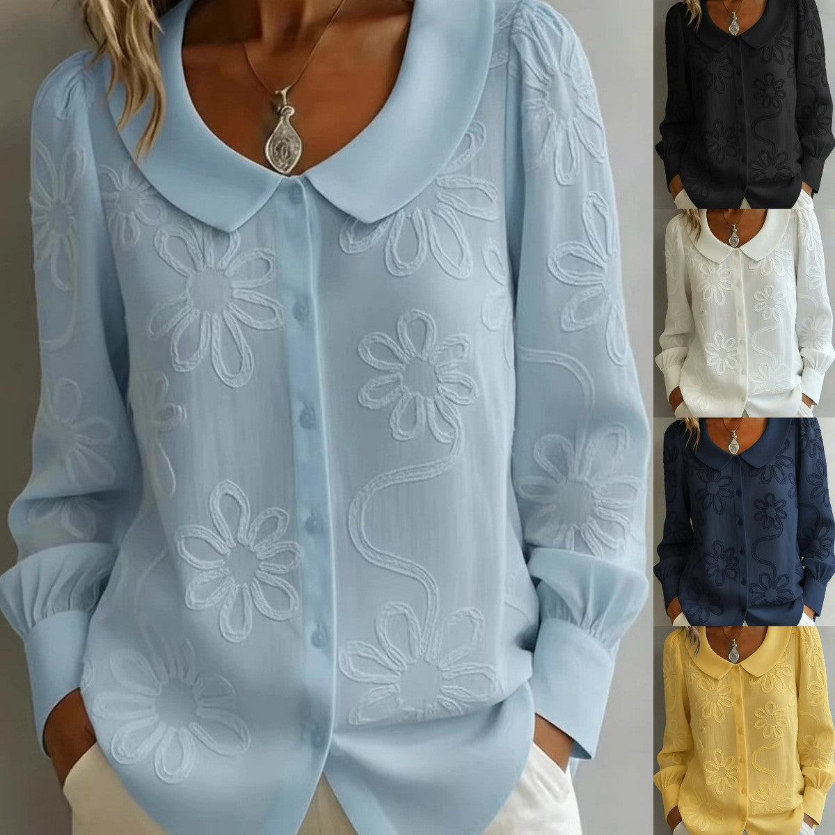 🌟【50% zľava】👚Francúzska retro vyšívaná košeľa z roku 2026 - Golier v štýle Petra Pana, módny a všestranný, priedušný a pohodlný.