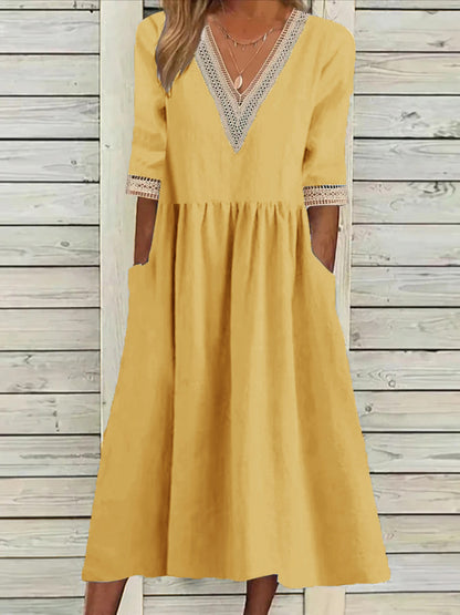 🌈👗【Letné nové produkty - zľava 50%🔥】【40-90 kg】👑 Dámske voľné šaty strednej dĺžky, materiál bavlna a ľan, čipkovaný golier, veľká veľkosť