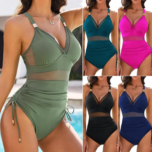 🏖️👙【Ponuka nového produktu】🌴【S-2XL】Letné módne jednofarebné jednodielne bikiny s výstrihom do V 2025, mäkké, pohodlné a priedušné