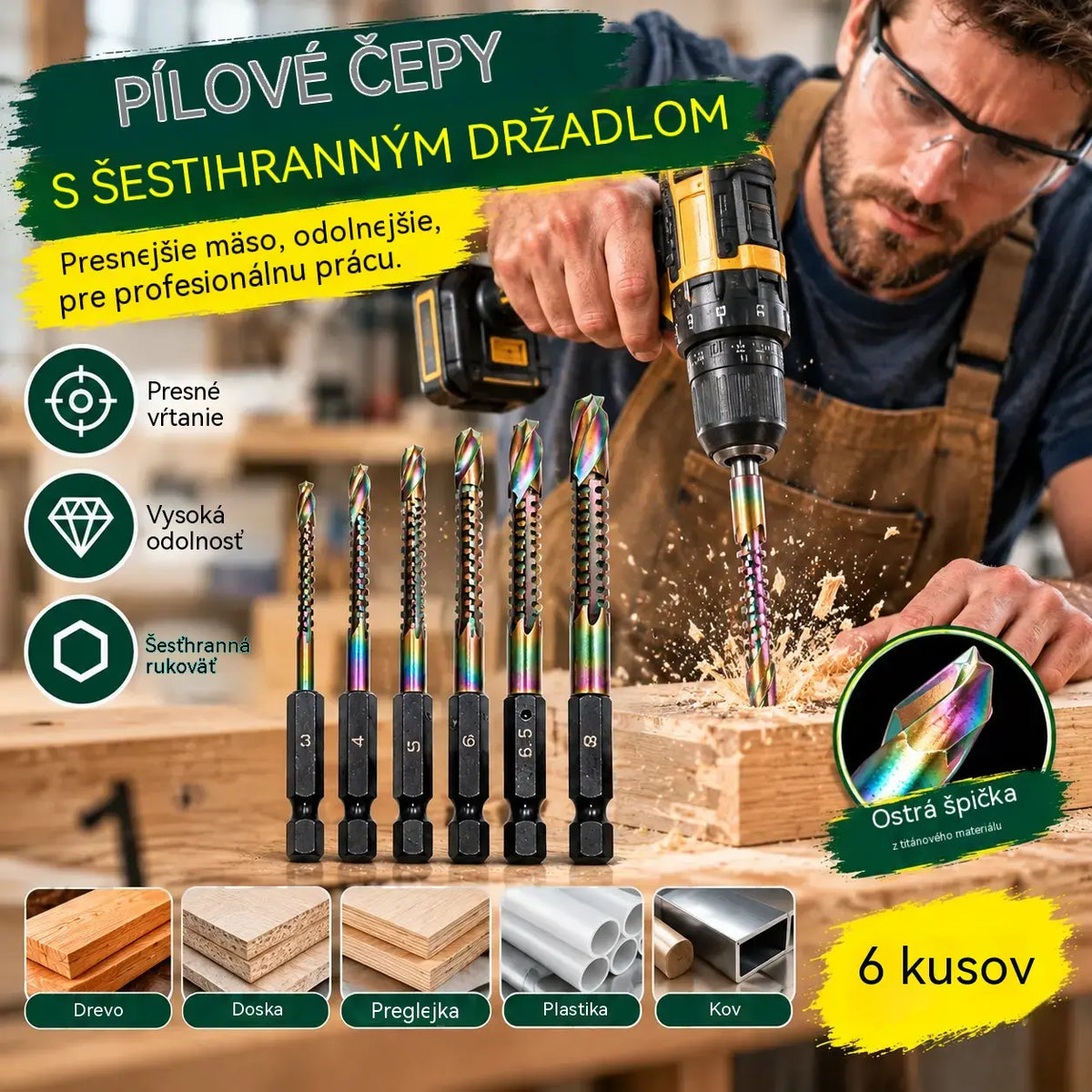 🛠️🔧(6 ks) 2 v 1 titánom potiahnutý vysokorýchlostný oceľový skrutkový vrták - šesťhranná stopka, vhodný na vŕtanie a drážkovanie do dreva a kovu🔩
