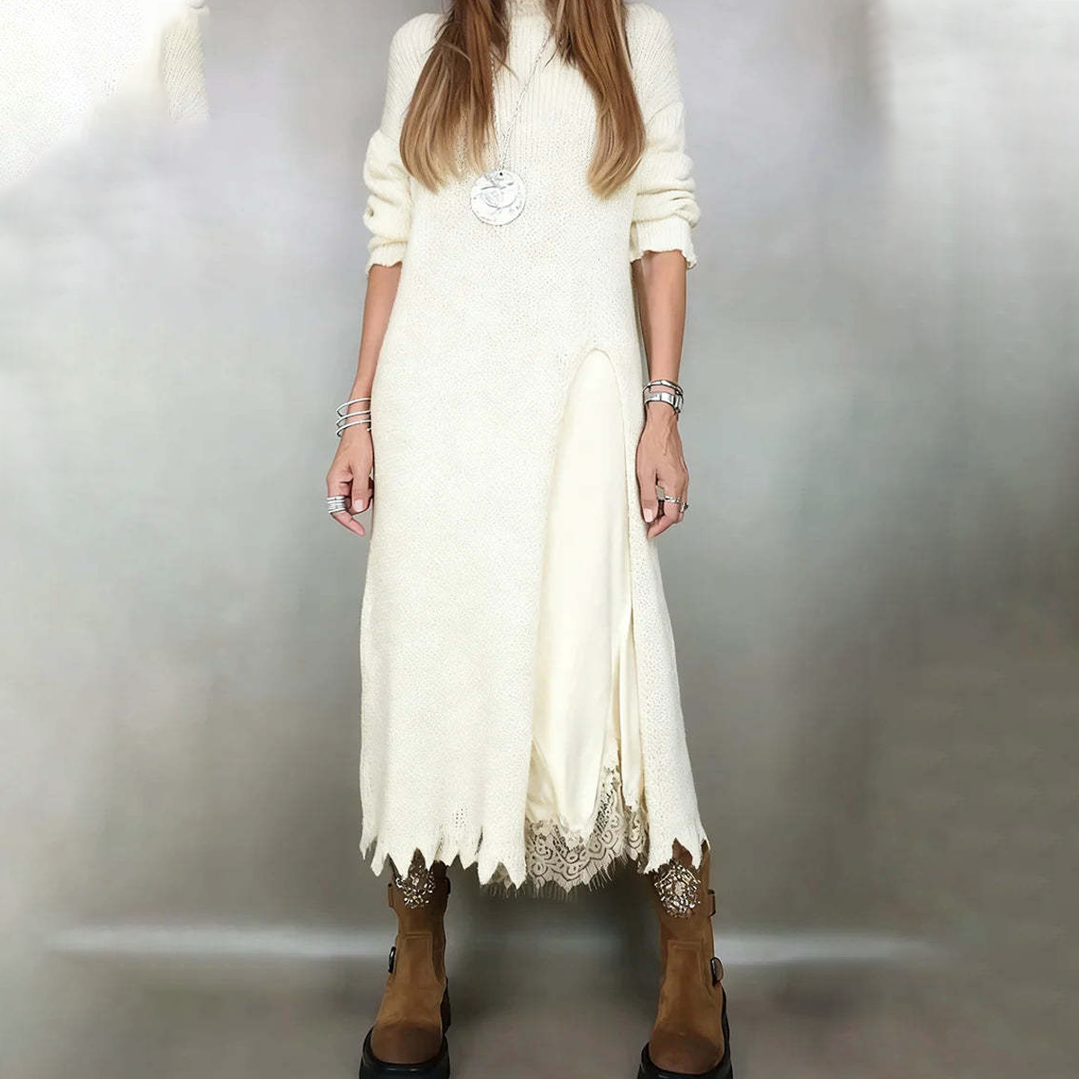 【XS-3XL】👗Nuevo conjunto de encaje, diseño con aberturas, estilo suéter, conjunto de dos piezas vestido-suéter con tirantes y abertura
