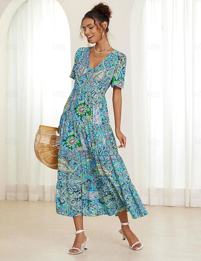 🌈【S-5XL】👗2024 nové sexi šaty s výstrihom do V, elegantná potlač