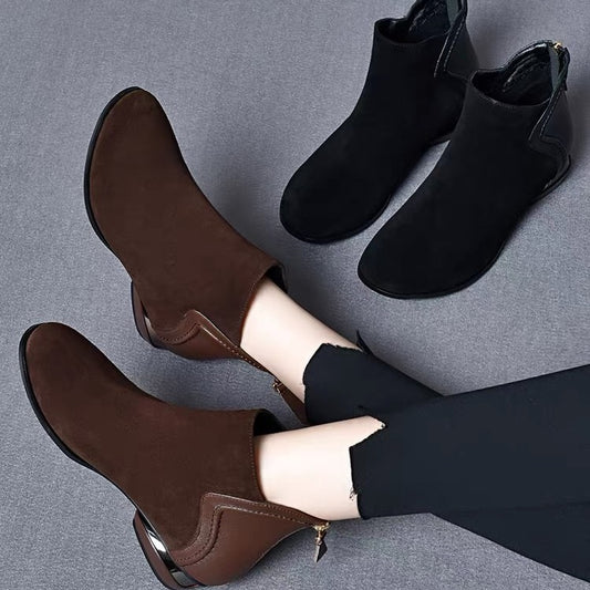 🔥【35-41】Cizme cu vârf rotund și toc scurt, din piele de vacă Cashmere Plus, pentru toamnă și iarnă 2024! 3752313 