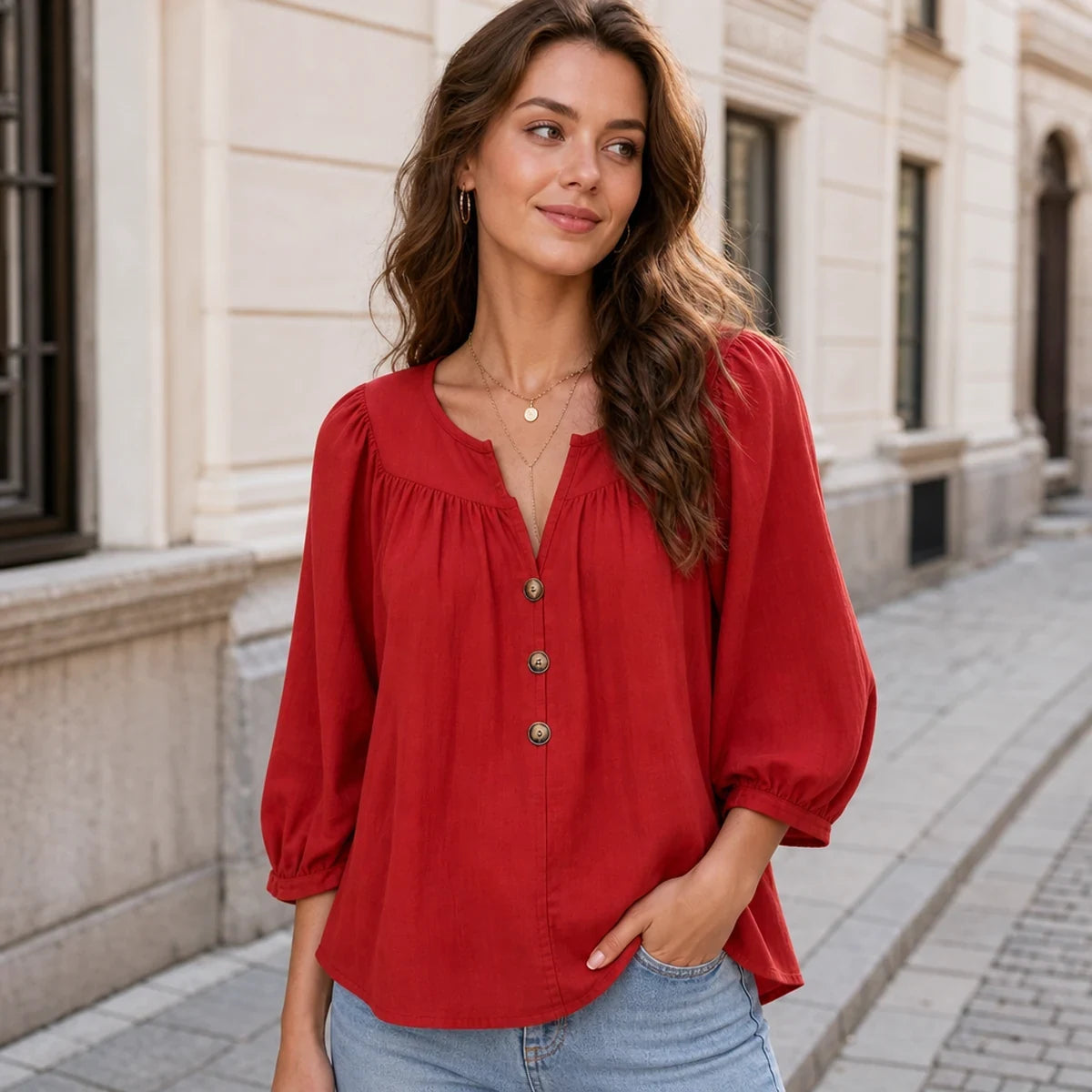 【S-3XL】Blusa informal de lino para mujer, camisa de verano con cuello en V y botones, material suave, transpirable y liso al tacto.