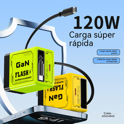 Cargador de pared GaN 2 en 1 con cable retráctil