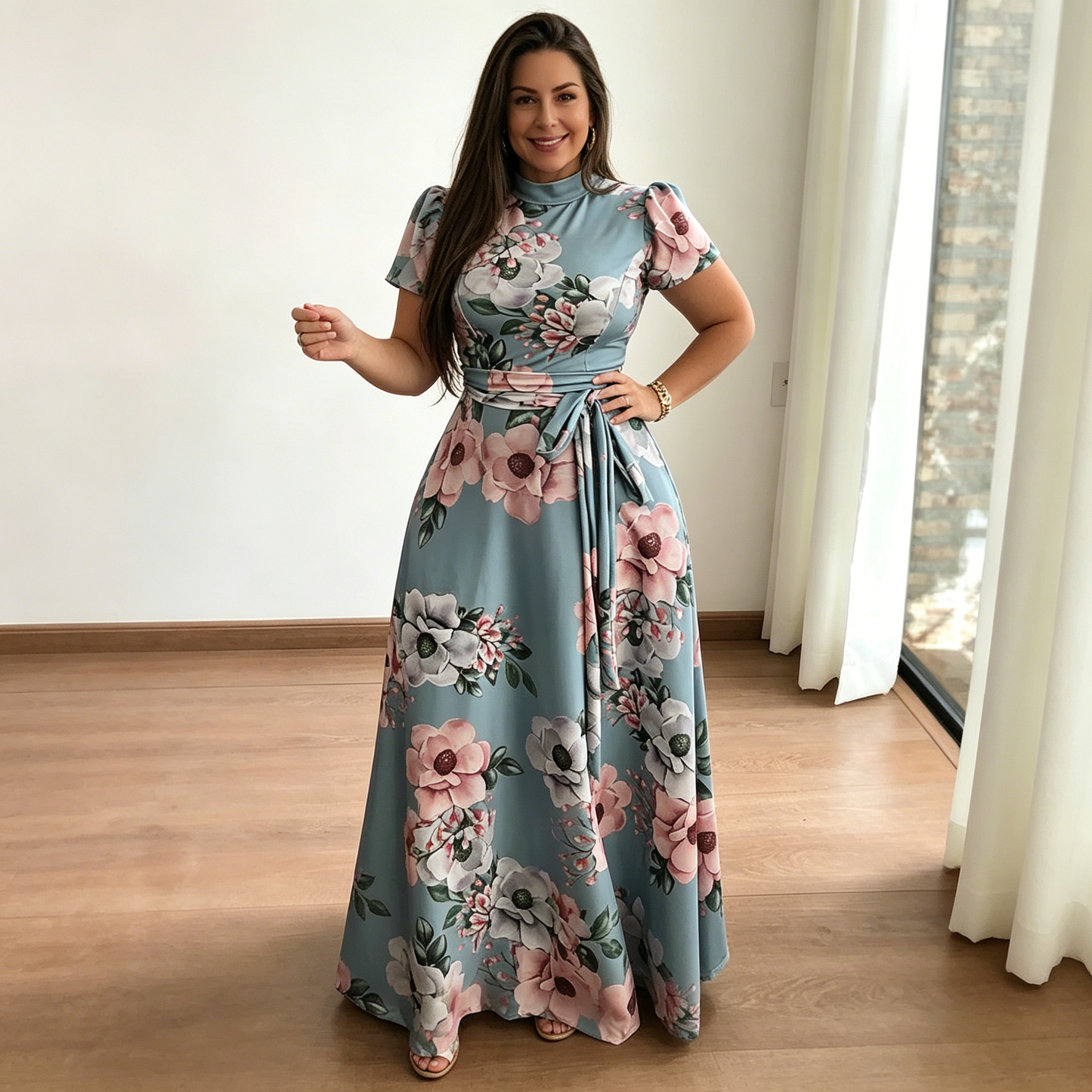 👑【S-5XL】✨Nuevo y elegante vestido largo de manga corta con estampado floral
