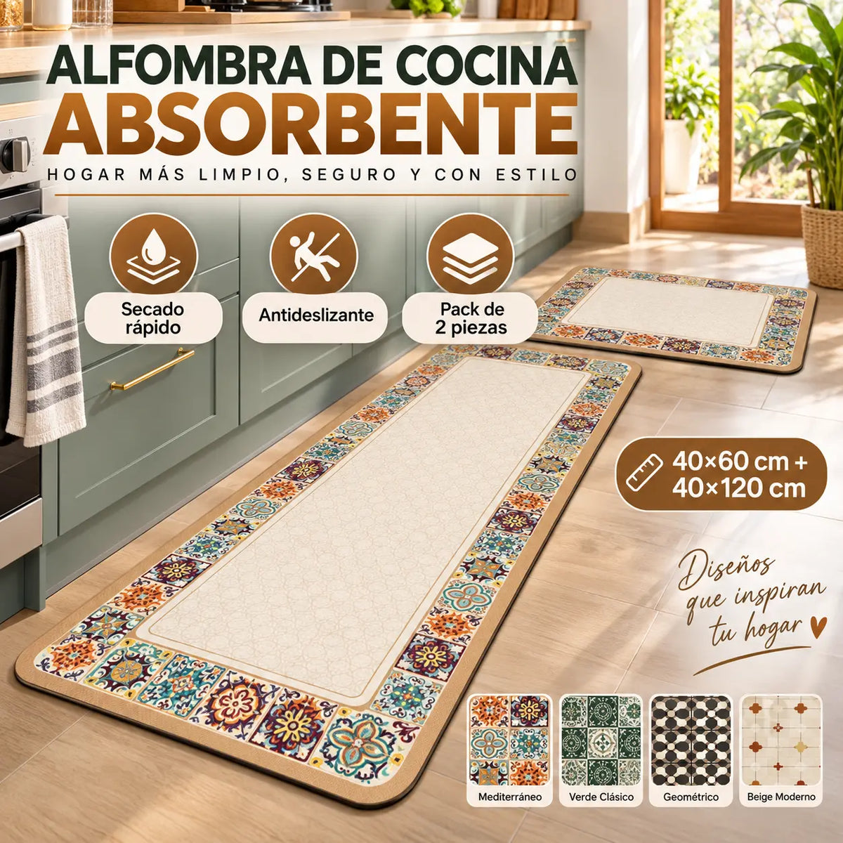 💥💥【se venden como pan caliente】【40*60+40*120cm】Alfombras de cocina y baño antideslizantes y muy absorbentes