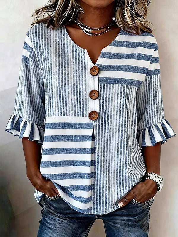 🌟🌟【S-3XL】Camiseta de mujer cómoda y transpirable con mangas abullonadas y diseño de cuello en V con botones.