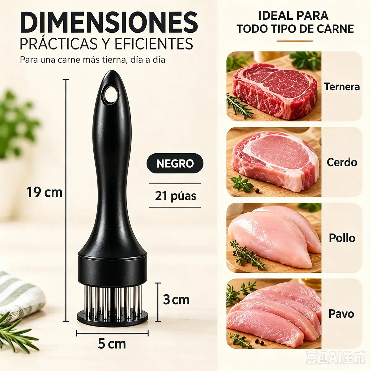 Ablandador de carne de acero inoxidable con 21 agujas para bistec, barbacoa y cocina