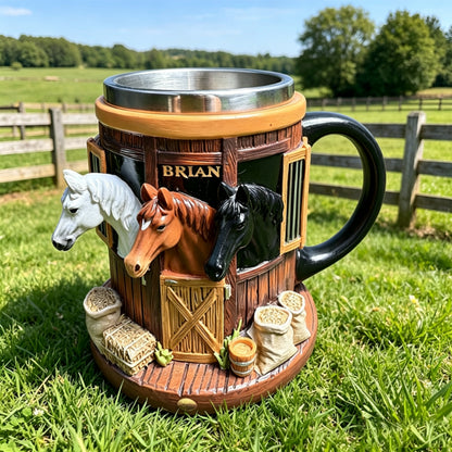 Taza de café 3D con temática de granja y establo de caballos, taza de acero inoxidable con relieve tridimensional, regalo ideal para amantes de los caballos.